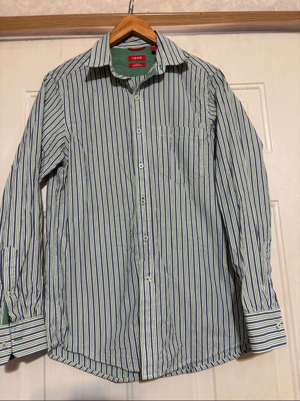 Izod Green and‎ Blue Vertical Stripe Button-Down Shirt